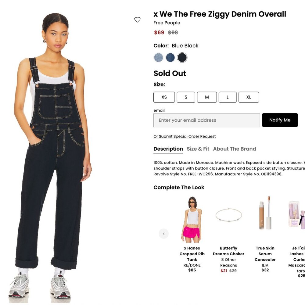 We‎ The Free Ziggy Denim Overalls midnight Medium Blue Black Bib Tapered NWT